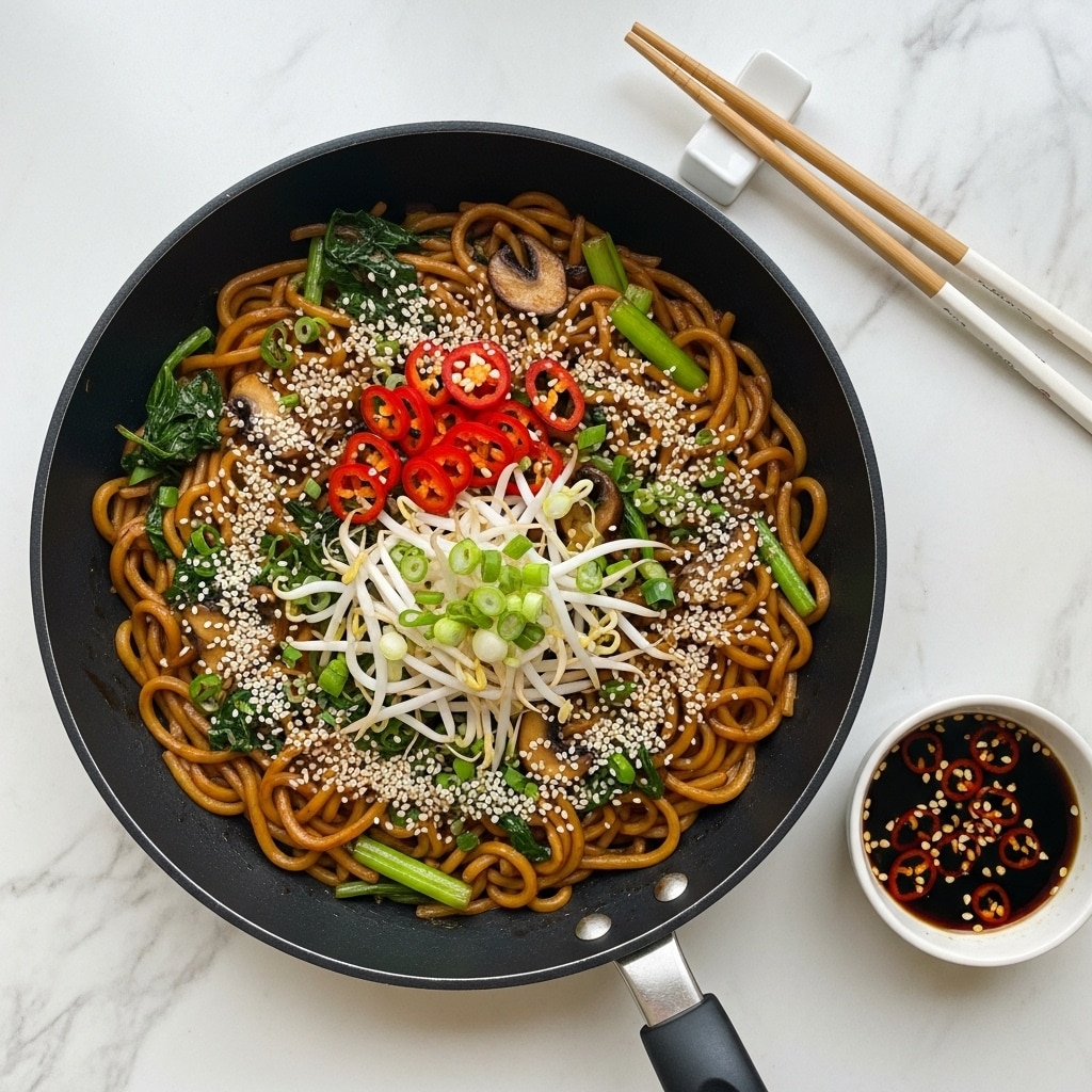 A black pan filled with stir-fried thick noodles that have a light brown sauce coating, mixed with green kale leaves and sliced mushrooms inside. On top, there are small pieces of red chili slices, chopped green onions, white bean sprouts, and sprinkled white sesame seeds. Next to the pan, there is a white small bowl with red chili sauce and seeds, light brown wooden chopsticks resting on a white chopstick holder. The background shows a white marbled texture. photo taken with an iphone --ar 4:5 --v 7