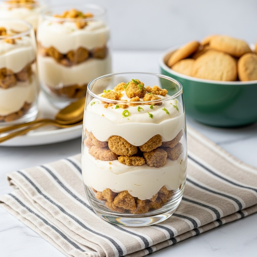 The image shows a clear glass filled with a three-layer dessert. The bottom layer is crushed light brown cookies, followed by a thick creamy white layer, then another cookie layer, another creamy layer with some cream spilling down the side, and finally a top layer of crushed cookies with green zest sprinkled on top. The glass is placed on a grey and white striped cloth on a white marbled surface. In the background, there is a white plate with golden spoons and another glass with the same dessert, and a white bowl filled with whole light brown cookies. Photo taken with an iphone --ar 4:5 --v 7