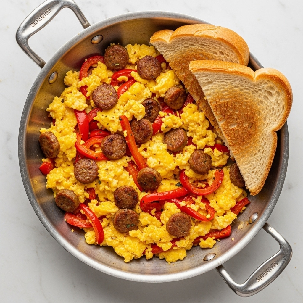 The image shows a silver frying pan filled with a colorful mix of cooked food, primarily scrambled eggs mixed with roasted red bell peppers and small bits of blackened vegetables, creating a mix of yellow, red, and dark brown colors. On the upper side of the pan, two slices of light beige bread with a soft texture rest on top of the food. The pan is placed on a rough outdoor stone surface, but the background should be changed to a white marbled texture. photo taken with an iphone --ar 4:5 --v 7