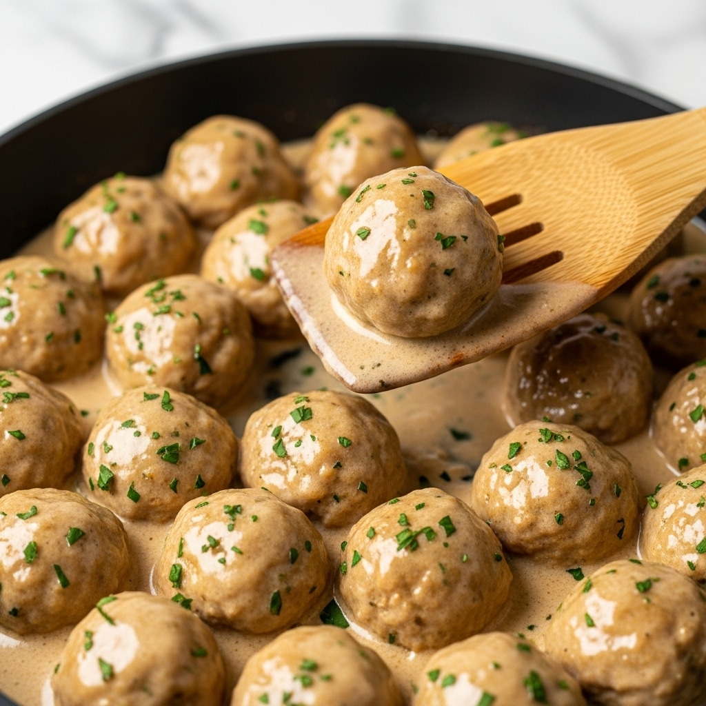 The image shows a close-up of several round meatballs coated in a creamy light beige sauce with small green herb pieces evenly spread throughout. The meatballs are uniformly shaped, smooth on the surface with a moist, glossy finish created by the sauce. A wooden spoon lifts one meatball slightly above the others, highlighting its soft texture and speckled green herbs. The background is a white marbled texture, adding a clean and bright feel to the image. Photo taken with an iphone --ar 4:5 --v 7