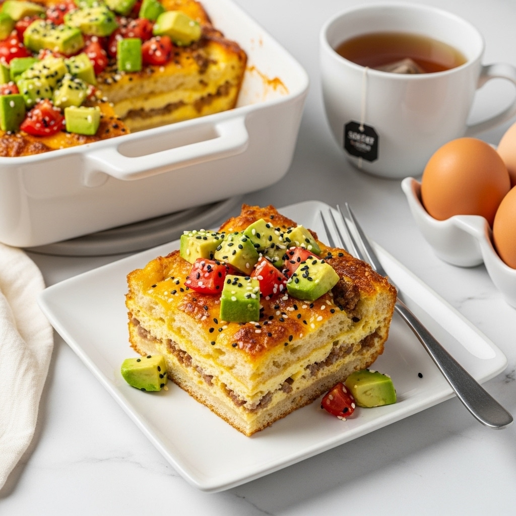 The image shows a square piece of baked casserole on a white square plate, placed on a white marbled surface. The casserole has a base layer of baked egg that is yellow and fluffy, topped with browned sausage pieces that have a rough texture. On top of the sausage layer, there are small cubes of bright green avocado and red tomato, scattered evenly. The casserole also has melted white cheese visible under the toppings, giving a slightly creamy texture. To the left, more casserole is seen in a white rectangular baking dish with a handle. Nearby is a white cup with tea steeping inside, and on the upper right is a white egg tray holding four brown eggs. Photo taken with an iphone --ar 4:5 --v 7