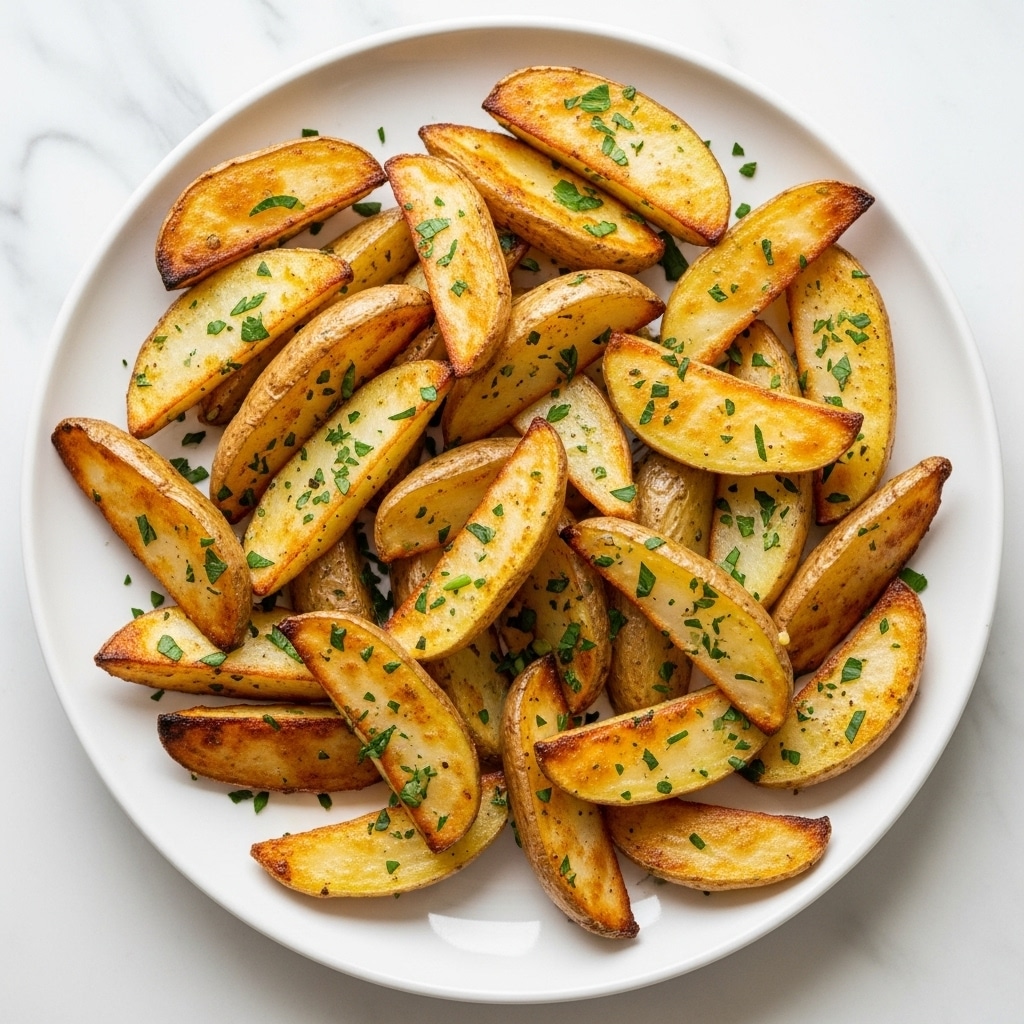 A white plate holds a pile of golden brown potato wedges, each wedge varying in size and showing a mix of crispy browned edges and soft, lighter yellow insides. The wedges are sprinkled with small green herb flakes, possibly dried rosemary or thyme, evenly spread over the surface. The texture looks slightly oily and crisp on the outside, while the inside seems soft and tender. The plate sits on a white marbled surface. photo taken with an iphone --ar 4:5 --v 7