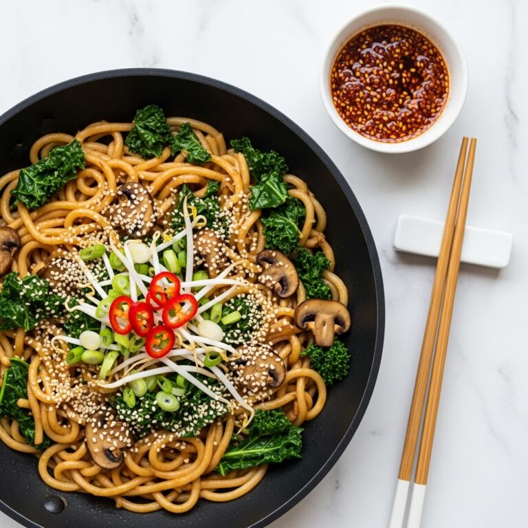 Stir-Fried Udon Noodles with Mushrooms, Kale, and Spicy Soy Sauce Recipe