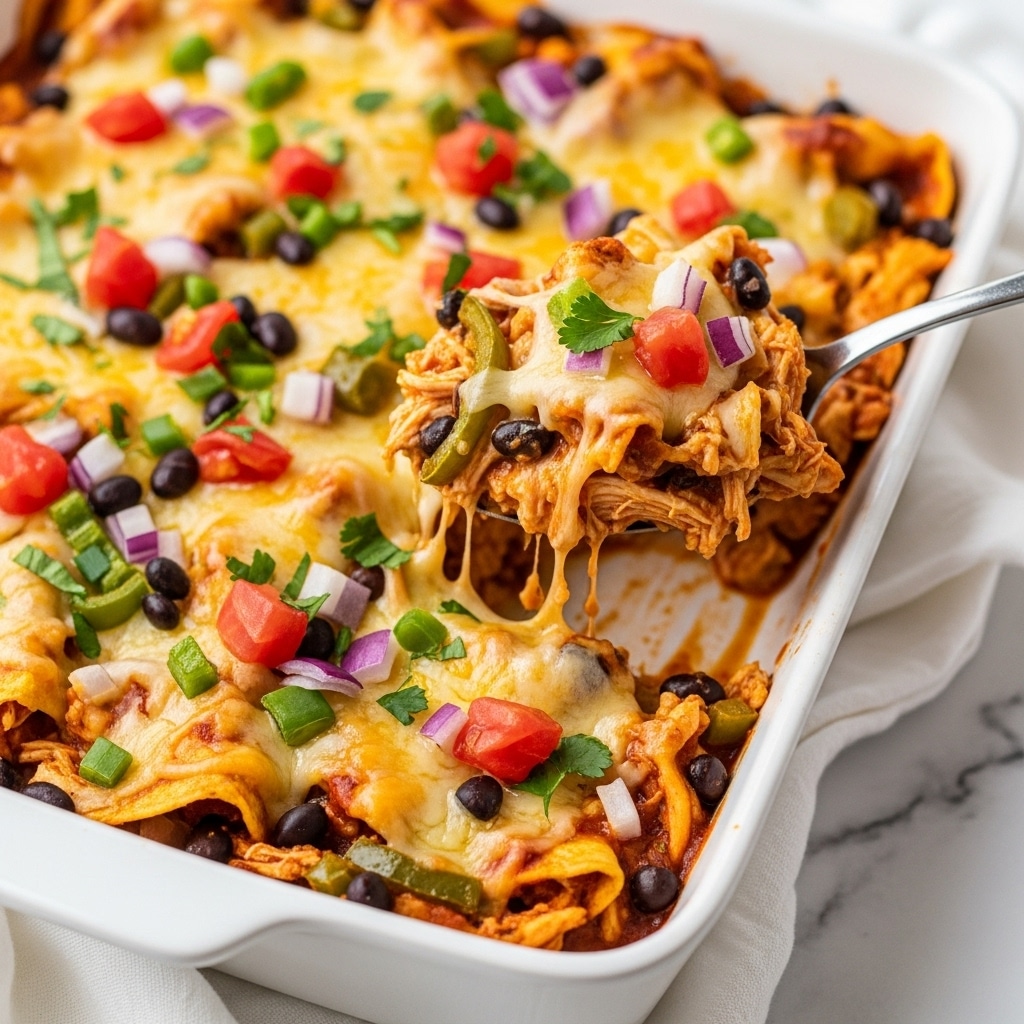 A white baking dish filled with a layered cheesy chicken and black bean casserole, showing melted golden yellow cheese spread all over with pieces of white shredded chicken mixed in. The dish is topped with bright red chopped tomatoes, small cubes of green avocado, finely diced purple onions, black beans, and sprinkles of chopped green herbs. The texture looks creamy and rich with a mix of soft and chunky ingredients, and a metal spoon is scooping a serving from one corner. The background surface is a white marbled texture. Photo taken with an iphone --ar 4:5 --v 7