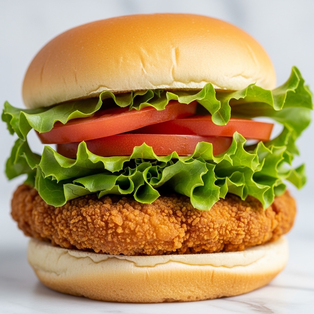 A sandwich with three main layers inside a soft, pale yellow bun; the bottom layer is a crispy, golden-brown fried chicken patty, on top of that is a fresh green leafy lettuce, followed by a thick, bright red tomato slice, finished with a thin spread of white mayo just under the top bun. The sandwich sits on a white marbled surface. photo taken with an iphone --ar 4:5 --v 7