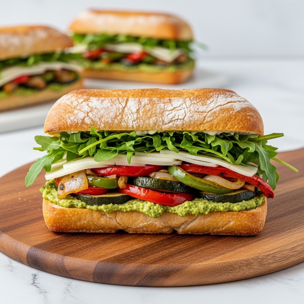 A sandwich on a white ciabatta bun with a light dusting of flour on top sits on a round wooden board over a white marbled surface. The sandwich has four visible layers: the bottom layer is covered with bright green pesto spread, followed by a colorful mix of sautéed vegetables including red and green bell peppers and caramelized onions. Above that is a layer of fresh green arugula leaves, and the top layer contains creamy white cheese slices peeking out from under the top bun. In the background, two halves of a sandwich with similar layers are slightly blurred. Photo taken with an iphone --ar 4:5 --v 7