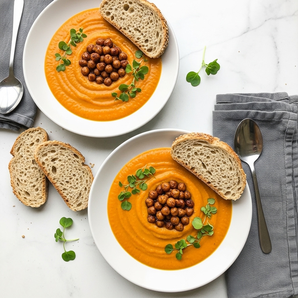 Two white wide-rimmed bowls of smooth, bright orange soup fill most of each bowl, with a small pile of roasted brown chickpeas in the center of the soup. Each bowl has a slice of light brown rustic bread resting on the soup's edge, slightly dipped. A small sprig of green thyme lies near the bread on the rims. The bowls sit on a wooden surface next to a white cloth with a silver spoon. Additional slices of rustic bread are placed on the wooden surface near the bowls. photo taken with an iphone --ar 4:5 --v 7