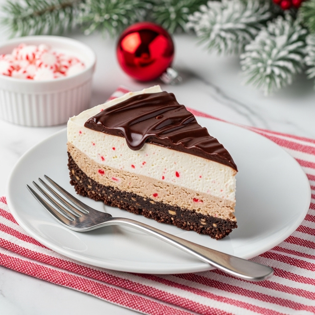 A slice of pie is placed on a white plate with a silver fork resting beside it. The pie has three layers: the bottom is a dark brown crumbly crust, the middle is a smooth light brown layer, and the top is a thick white creamy layer sprinkled with small red peppermint bits. Dark chocolate syrup is drizzled on top of the pie in thin, wavy lines. Next to the plate is a red and white striped cloth on a white marbled surface. Behind, some snowy green pine branches and a small white bowl filled with crushed peppermint candies are visible, with a red Christmas ornament placed nearby. Photo taken with an iphone --ar 4:5 --v 7