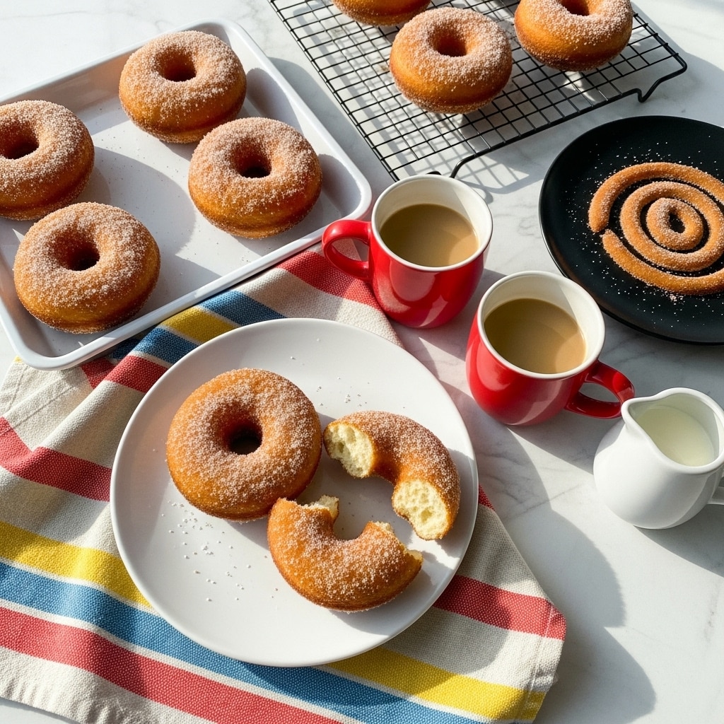 The image shows several golden brown donuts sprinkled with sugar. There is a white plate at the center with one whole donut and another donut broken into two pieces, showing a soft texture inside. To the upper left, a white tray holds five donuts lined up. To the upper right, a black cooling rack holds three donuts. A black plate on the right side holds a spiral of sugar. Two red mugs filled with coffee are placed on the white marbled surface, alongside a small white milk jug. A colorful striped cloth lies beneath the white plate, adding contrast to the scene. The soft sunlight casts gentle shadows, creating a warm and cozy atmosphere. photo taken with an iphone --ar 4:5 --v 7