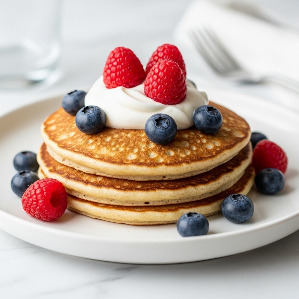 A white plate holds three brown pancakes stacked slightly overlapping each other, showing a soft and cooked texture with light golden spots. On top of the pancakes is a dollop of white whipped cream with a smooth, airy look. Around and on the pancakes are several bright red raspberries and deep blue blueberries, adding a fresh and colorful contrast. The setting is on a white marbled surface with a glimpse of a glass cup and fork in the background. Photo taken with an iphone --ar 4:5 --v 7