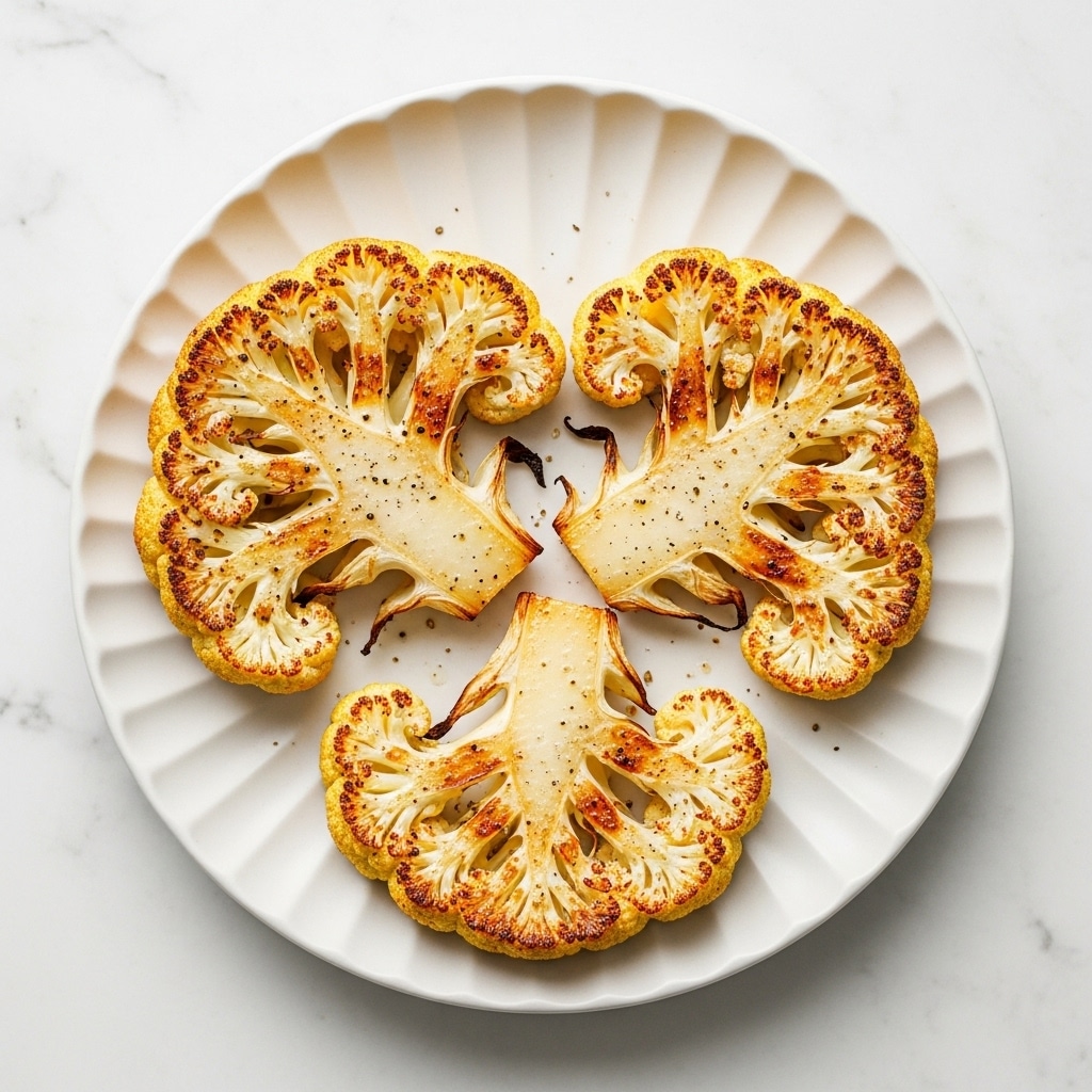 Three thick slices of grilled cauliflower sit side by side on a round white scalloped plate. Each cauliflower slice is pale yellow with hints of white, and the tops are sprinkled with a bright orange seasoning that looks slightly charred with small black and green specks of spices and herbs. The texture of the cauliflower is soft but firm, showing small holes and natural crevices. The plate rests on a surface with a white marbled texture, creating a clean and simple background that highlights the roasted vegetable. photo taken with an iphone --ar 4:5 --v 7