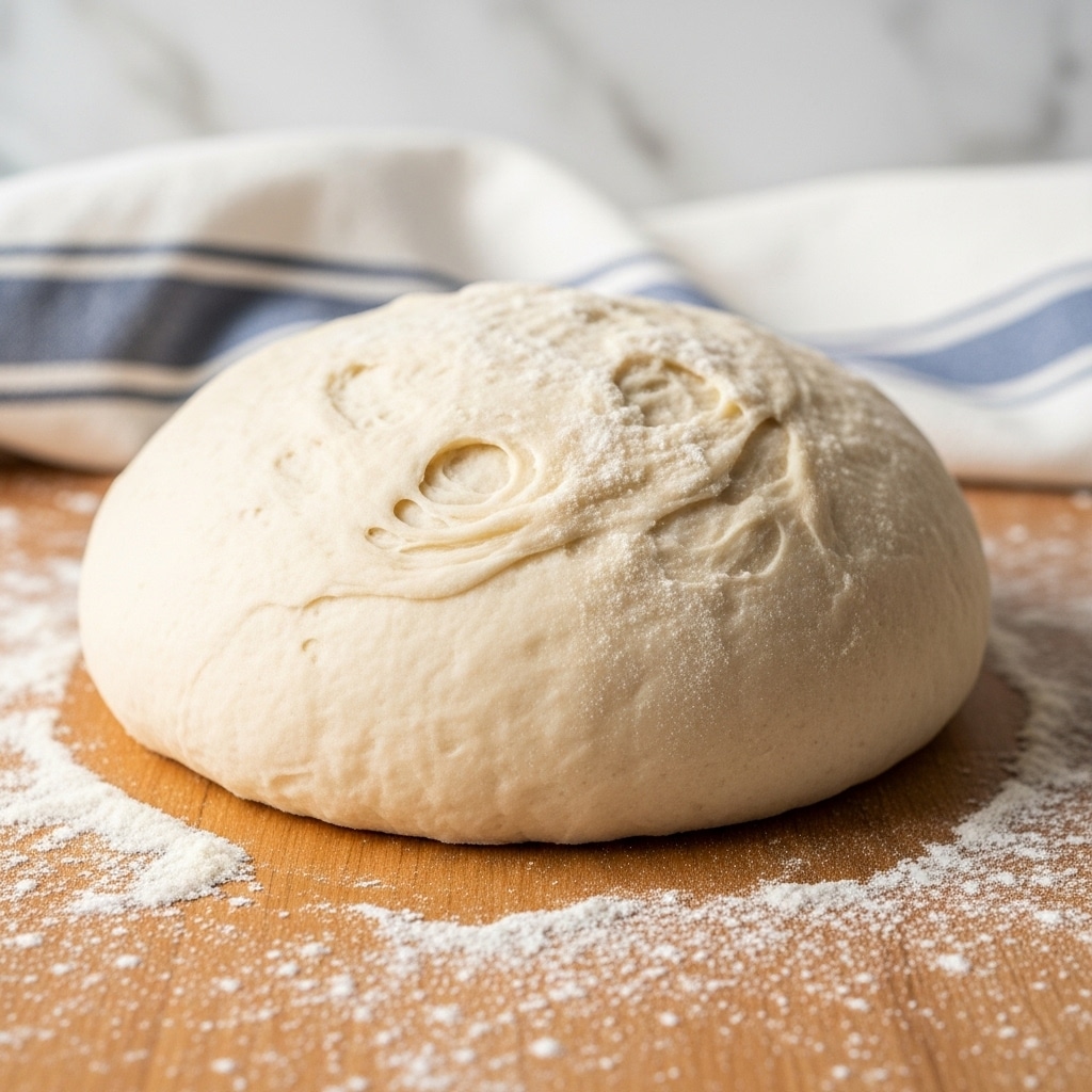 A smooth, round ball of pale dough covered lightly with white flour sits on a wooden board dusted with flour. The dough has a soft texture with faint creases visible on its surface, and the board is surrounded by a soft fabric with a blue plaid pattern on one side and a small glass jar on the other. The scene is set on a white marbled texture. photo taken with an iphone --ar 4:5 --v 7