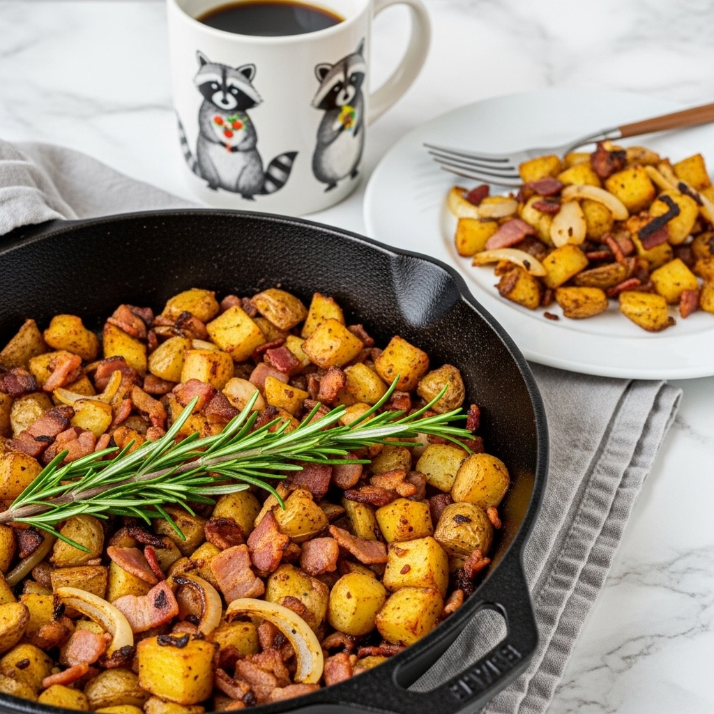 A close-up view of a black cast iron skillet filled with golden-brown roasted potatoes mixed with caramelized onions and small pieces of bacon, topped with a fresh green rosemary sprig placed across the middle. To the right, there is a white plate holding a few pieces of the roasted potato mixture with a fork resting on the plate. Behind the plate, there is a white mug with a raccoon drawing filled with black coffee. All items sit on a white marbled surface, showing cozy breakfast vibes. photo taken with an iphone --ar 4:5 --v 7