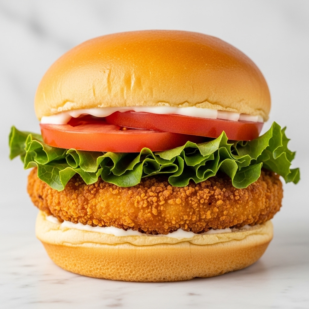 A close-up of a sandwich with four visible layers stacked inside a soft, smooth light tan bun. The bottom layer is a crispy, golden-brown fried chicken patty with a textured surface. Above it is a layer of fresh, bright green lettuce leaves, slightly ruffled. On top of the lettuce is a thick, round slice of red tomato, showing a juicy texture. The top bun is pale and smooth, slightly domed, and covers the sandwich. The sandwich sits on a surface with a white marbled texture. photo taken with an iphone --ar 4:5 --v 7