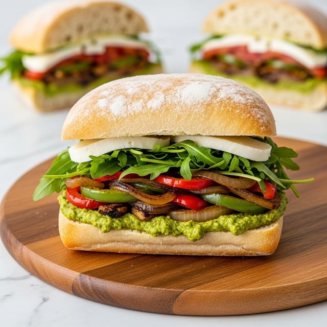 A sandwich on a round wooden board sits on a white marbled surface, with two halves of a similar sandwich blurred in the background. The sandwich has a top and bottom layer of golden-brown toasted bread with a textured crust. Inside, the bottom layer holds a spread of green pesto, topped with a colorful mix of grilled vegetables including red and green peppers, and onions, all glistening as if lightly sauced. Above the vegetables, there is a layer of fresh dark green arugula leaves, and thin slices of white cheese peek through under the top bread piece. Photo taken with an iphone --ar 4:5 --v 7