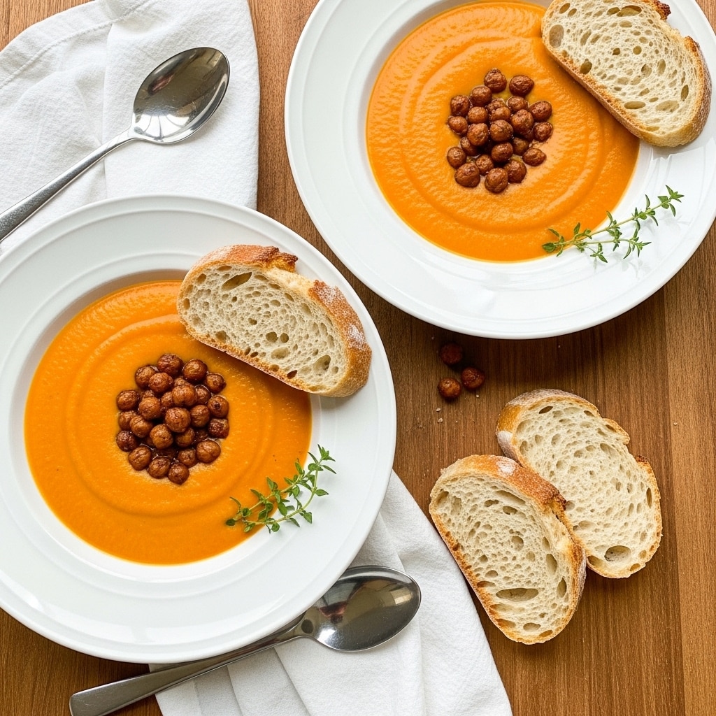 Two white plates sit on a white marbled surface, each filled with a smooth, bright orange soup spread evenly to cover most of the plate. On top in the center of each soup is a small mound of round, shiny, dark brown roasted chickpeas, adding texture and contrast. On the rim of each plate rests a thick slice of light brown, seeded bread with a rough texture. Small green herb sprigs are scattered on the soup and near the bread for a fresh touch. A gray cloth napkin with a silver spoon lies beside one plate, and extra slices of bread are positioned nearby. photo taken with an iphone --ar 4:5 --v 7