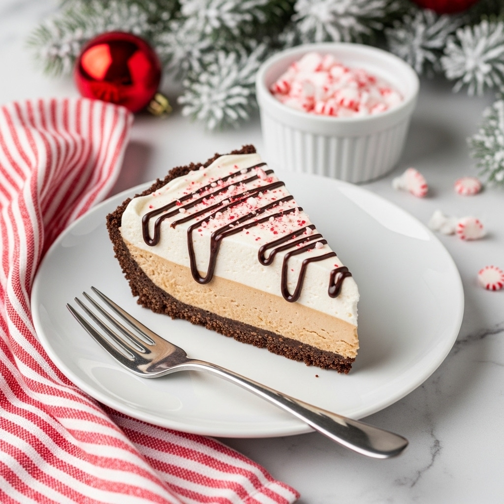 The image shows a slice of dessert with three layers on a white plate. The bottom layer is a dark, crumbly chocolate crust, followed by a thick, creamy white layer with tiny red specks, likely crushed peppermint. The top layer is a drizzle of dark chocolate sauce spread unevenly over the creamy layer. The slice is placed on a white plate with a silver fork resting beside it, all sitting on a red and white striped cloth on a white marbled surface. In the background, there is a small white bowl containing crushed peppermint candies, a red Christmas ornament, and a sprig of snowy evergreen branches. Photo taken with an iphone --ar 4:5 --v 7