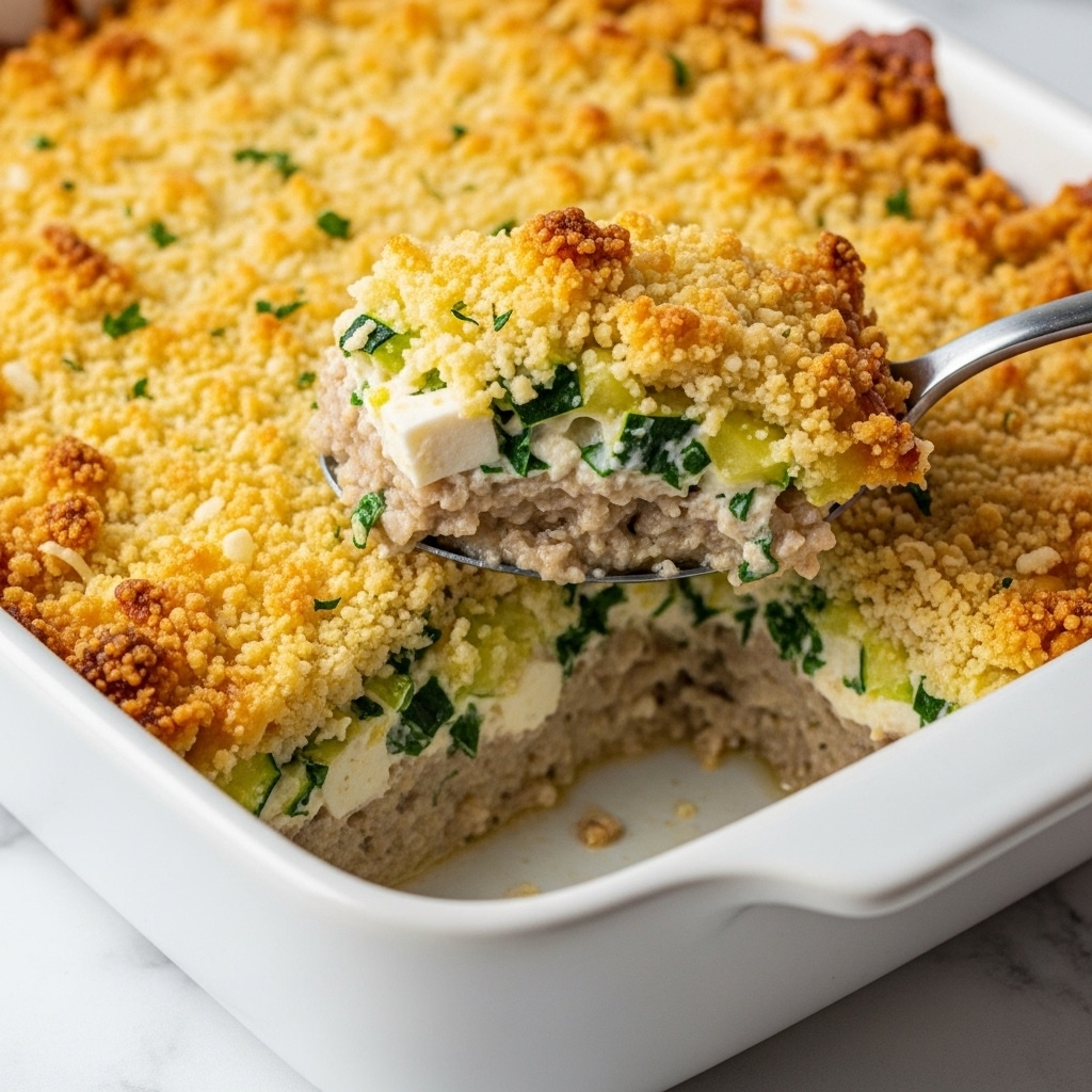 The image shows a close-up of a white baking dish filled with a golden-brown baked casserole. The casserole has two visible layers: the top layer is a crispy, crumbly golden crust with orange melted cheese and breadcrumbs sprinkled evenly; the layer underneath consists of a creamy mixture visible in light green and white colors with small pieces of herbs or vegetables. A silver spoon lifts a portion of the casserole, showing the mix of crispy top and soft, creamy bottom layers. The background is a white marbled surface. photo taken with an iphone --ar 4:5 --v 7