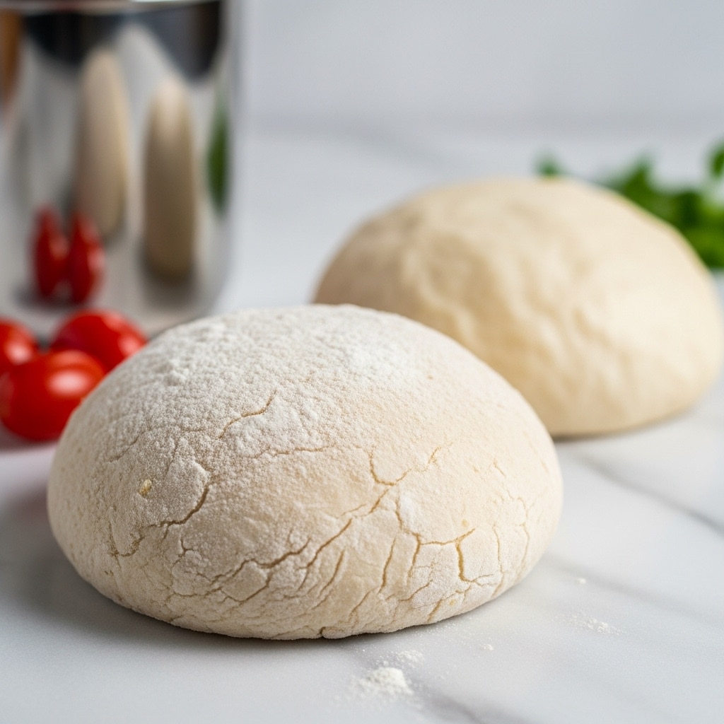 The image shows two dough balls placed on a white marbled surface. The dough ball in the front is slightly larger, with a rough, flour-covered texture and soft creases, while the one in the back appears smoother and rounder with less flour on it. On the left side, there is a metal pot partially visible, showing some white foamy liquid inside. Scattered around the dough are small red grape tomatoes, some whole and some cut in half. Small green herb sprigs add a touch of color near the edges. The overall scene is clean and bright with soft natural light. photo taken with an iphone --ar 4:5 --v 7