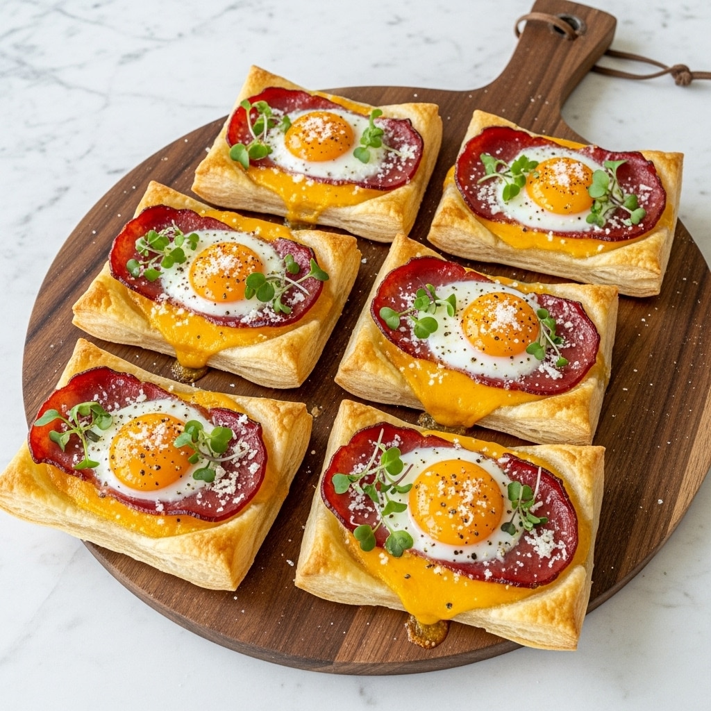 Six rectangular puff pastry tarts rest on a wooden board over a white marbled surface. Each tart has a light golden, crispy puff pastry base with a slightly raised edge. Four tarts feature a sunny yellow cooked egg yolk on top, surrounded by a white of cooked egg, with small pieces of pinkish-brown prosciutto arranged on and around the yolk. Two other tarts show the egg yolk broken and spread, mixing bright yellow with white cooked egg. All tarts are sprinkled with grated white cheese and topped with small fresh green microgreens. A burnt orange textured cloth is placed beside the board. Photo taken with an iphone --ar 4:5 --v 7