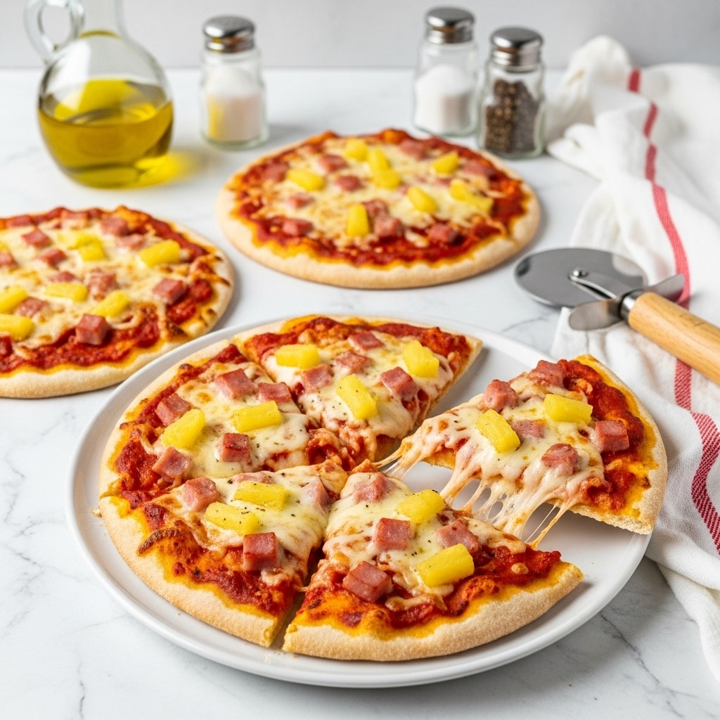 The image shows a thin-crust pizza on a white plate, with one slice slightly pulled away revealing stretchy melted cheese. The pizza has a crust that is light brown and crispy, with a red tomato sauce base spread evenly across it. On top, there are layers of melted white cheese, scattered small cubes of pink ham, and yellow pineapple chunks. Black pepper and herbs are sprinkled over the toppings, adding texture and color contrast. Around the main plate, there are two more similar pizzas on parchment paper placed directly on a white marbled surface. Nearby, a glass container with olive oil and two glass shakers with metal tops sit on the white marbled background, along with a pizza cutter and a white towel with red stripes. The scene is well-lit, casting natural light that highlights the textures of the crust and toppings. photo taken with an iphone --ar 4:5 --v 7