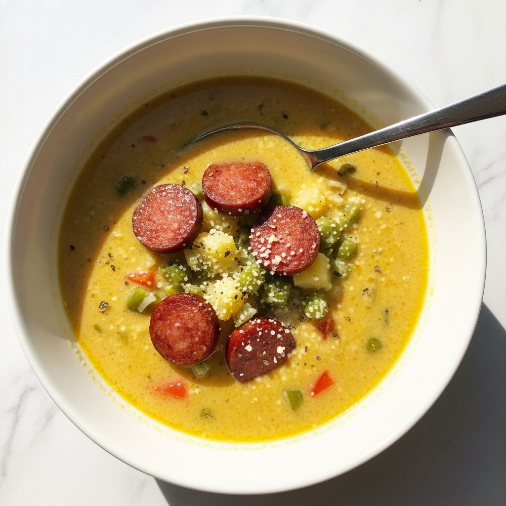 A white bowl filled with thick soup that has a creamy yellow broth as the base layer. Inside the soup are slices of reddish-purple sausage floating on top, mixed with small bits of green herbs and white rice scattered throughout. The texture looks smooth with some small chunks of ingredients visible. A silver spoon rests on the edge of the bowl, catching the light. The bowl is set on a white marbled surface with bright natural light casting soft shadows. Photo taken with an iphone --ar 4:5 --v 7