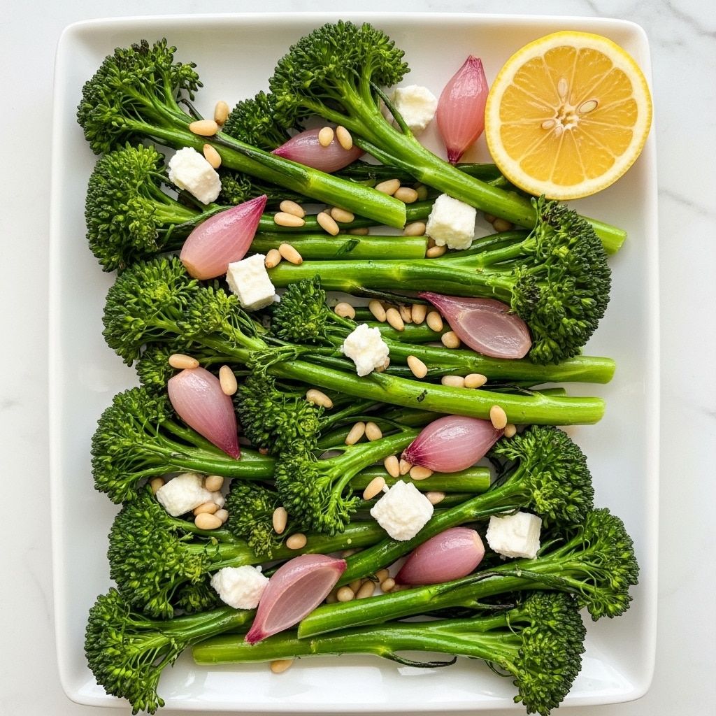 A white rectangular plate sits on a white marbled surface holding a colorful roasted vegetable dish. The base layer is made of bright green broccoli florets, some slightly charred, scattered across the plate, mixed with lightly browned small shallots. Small pieces of white cheese crumble over the vegetables, adding contrast, and a handful of toasted pine nuts are sprinkled evenly on top. A large yellow lemon half is placed on one corner of the plate, adding a fresh touch to the presentation. The overall look is fresh and vibrant, with varying textures from soft vegetables to crunchy nuts. photo taken with an iphone --ar 4:5 --v 7