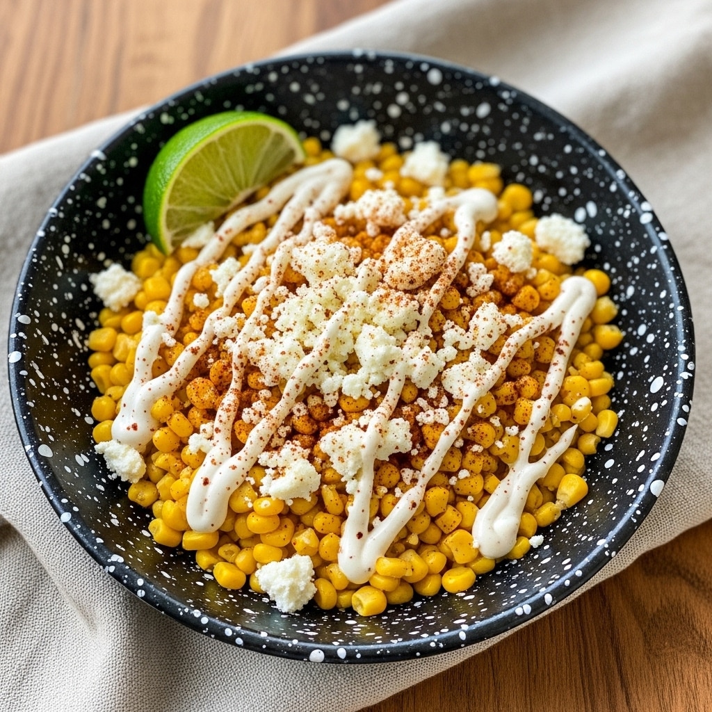 A round white bowl with gray and white speckled patterns is filled with bright yellow corn kernels that form the base layer. On top of the corn, there is a thick layer of creamy white sauce drizzled evenly, mixed with a layer of small white crumbly cheese pieces scattered all over. The dish is sprinkled lightly with reddish-brown chili powder for spice. A green lime wedge rests on the left side of the bowl. The bowl sits on a wooden board placed on a white marbled surface with a beige cloth partially visible in the top left corner, and a black utensil handle is visible at the bottom right corner. photo taken with an iphone --ar 4:5 --v 7