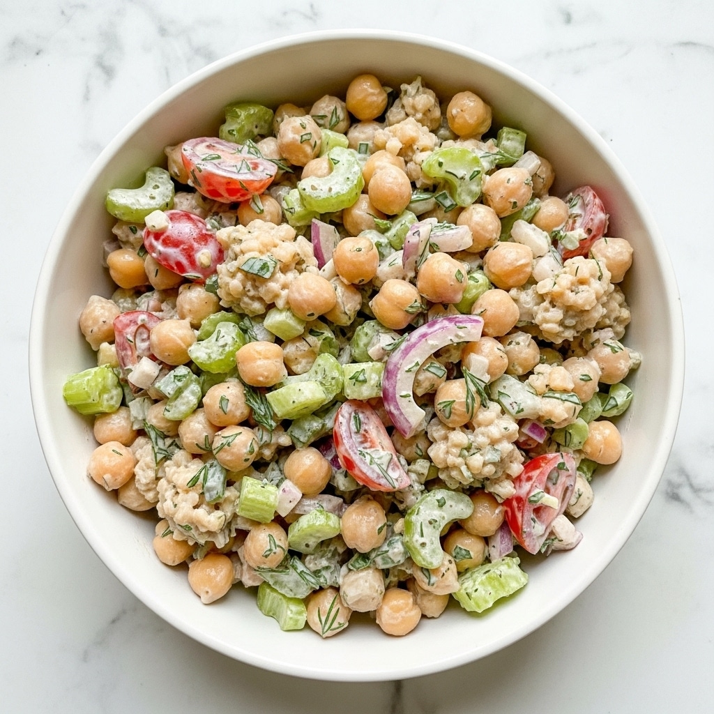 A close-up of a white bowl filled with a creamy chickpea salad, showing several layers of small round beige chickpeas mixed with chunky pieces of green celery and red tomatoes, finely chopped light green herbs sprinkled throughout, and a creamy white dressing binding the ingredients together. The texture looks thick and slightly chunky, with visible small bits of herbs adding color. The bowl rests on a white marbled surface. photo taken with an iphone --ar 4:5 --v 7