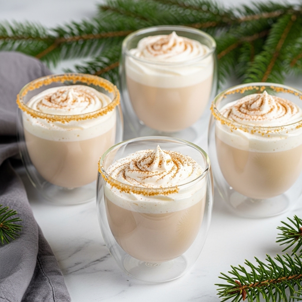 Four clear glass cups hold a creamy beige drink topped with a thick layer of white whipped cream swirled in a circular pattern, sprinkled lightly with brown spice on top. Each cup has a rim coated with a crumbly light brown crust. The cups are placed on a light wood surface with green pine branches scattered in the background and a soft gray cloth to the side. The lighting is warm, making the creamy texture and crumbly edges stand out. photo taken with an iphone --ar 4:5 --v 7