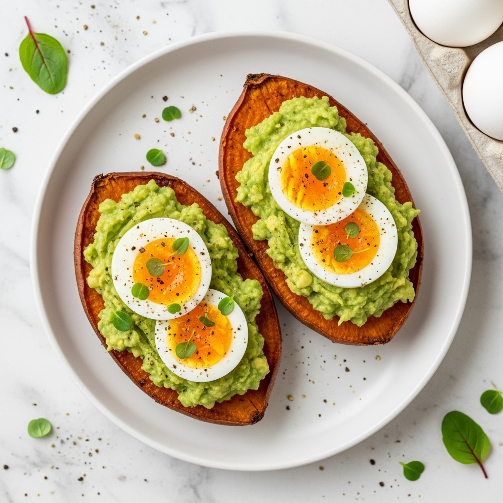 Two halved baked sweet potatoes sit on a white plate with speckles, on a white marbled surface. Each sweet potato half has a thick layer of bright green mashed peas spread evenly on top. On the mashed pea layer, there are two slices of hard-boiled egg each, with a slight sprinkling of chopped green herbs and black pepper on the eggs. The sweet potato skins are deep orange-brown with slightly charred edges. Some green herb leaves and black peppercorns are scattered on the plate and surface. In the background, there is a white dish with more green mashed peas and a partially visible egg carton. photo taken with an iphone --ar 4:5 --v 7