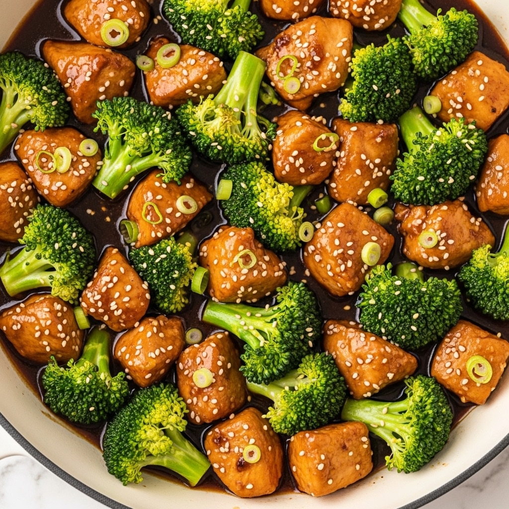 A close-up view of a stir-fry dish in a steel pan, filled with bite-sized pieces of light brown cooked chicken and bright green broccoli florets. The ingredients are coated in a shiny, dark brown glossy sauce, sprinkled evenly with white sesame seeds and sliced green onions, creating a rich texture contrast between the smooth sauce and the fresh vegetables. The pan edges show slight sauce stains, indicating the dish is hot and freshly cooked, set against a white marbled surface. photo taken with an iphone --ar 4:5 --v 7