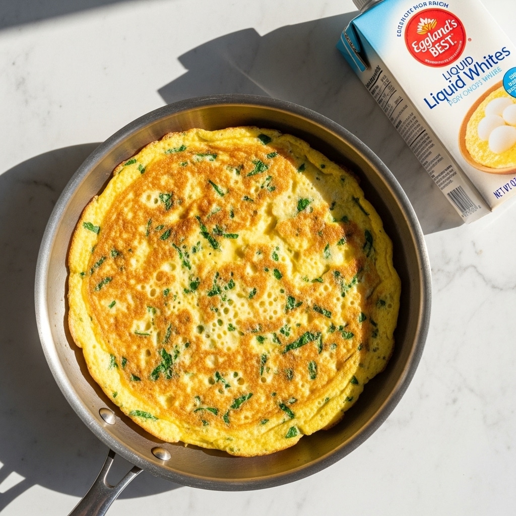 A cooked egg white omelette sits in a round stainless steel pan, showing a golden yellow top layer with hints of light brown from cooking and specks of green chives scattered across the surface; the omelette appears fluffy with a slight texture indicating small pieces of vegetables inside. The pan is placed on a white marbled textured surface with sunlight casting soft shadows, next to a carton of 100% cage-free egg whites that is white with blue and red labeling. Photo taken with an iphone --ar 4:5 --v 7