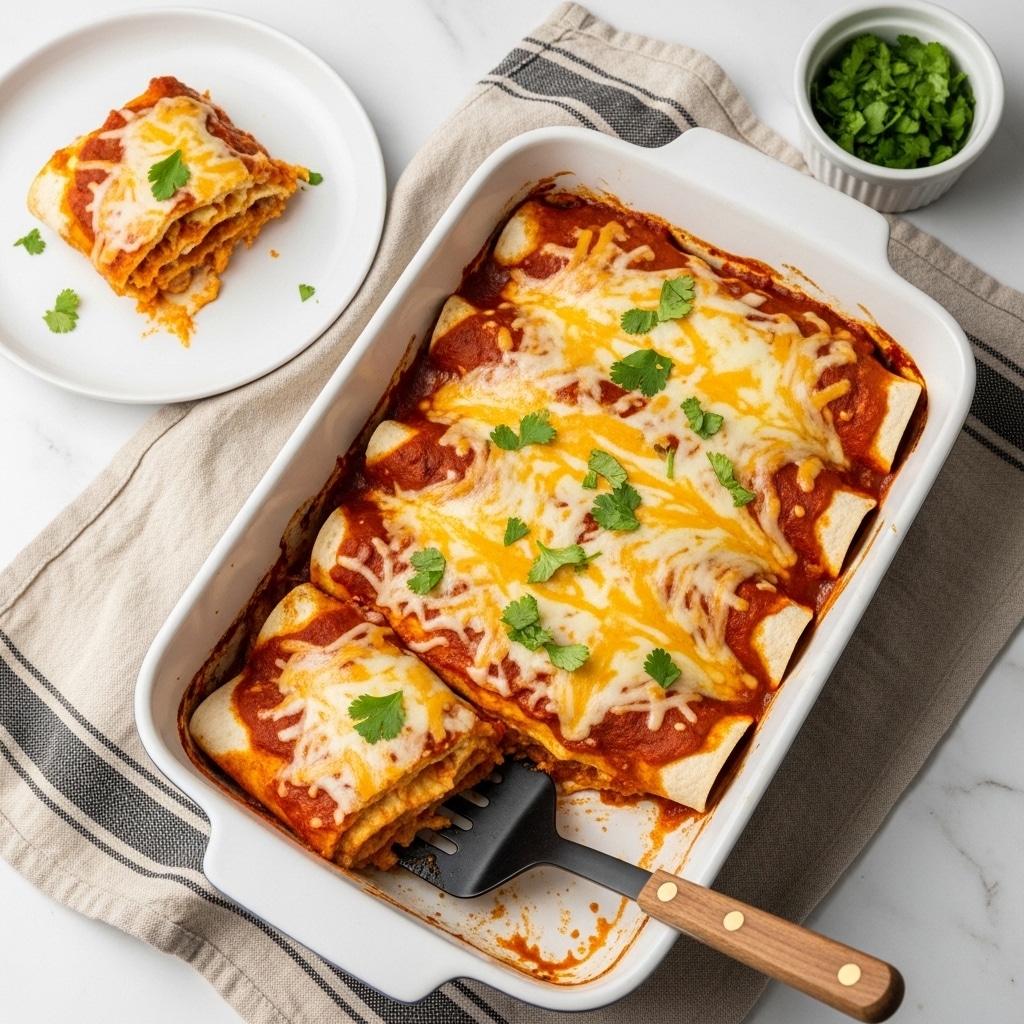 The image shows a white rectangular baking dish filled with six rolled enchiladas covered in melted golden cheese and sprinkled with chopped fresh green cilantro on top. The enchiladas sit in a rich, red sauce, with the filling inside showing a creamy orange texture mixed with small green bits. One enchilada is partially lifted by a black spatula with a wooden handle, revealing multiple layers of soft tortilla, thick sauce, and creamy filling. To the left, a white plate holds one square piece of the enchilada, showcasing the same layers and textures, while a small white bowl with additional chopped cilantro is on the right. The dish rests on a beige cloth with black stripes, all set on a white marbled surface. Photo taken with an iphone --ar 4:5 --v 7