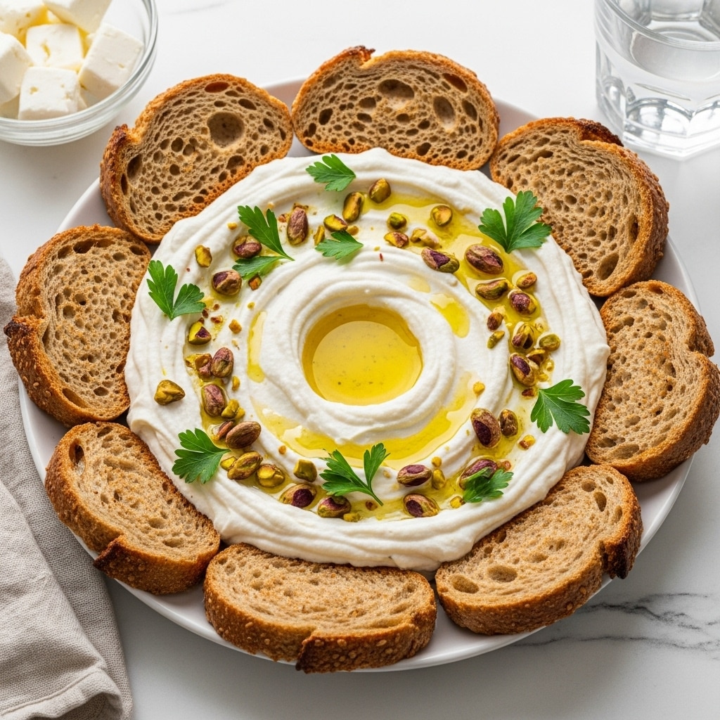 A white plate holds a smooth, thick spread of creamy white dip, swirled on the surface with gentle ridges and dips. On top, there are scattered pieces of green pistachios, some whole and some chopped, and fresh, finely chopped parsley leaves adding a bright green contrast. A light drizzle of golden olive oil shines in small pools around the dip, enhancing the texture. The plate is placed on a white marbled surface with slices of toasted bread showing a golden-brown crust and soft interior nearby, ready to be dipped. photo taken with an iphone --ar 4:5 --v 7