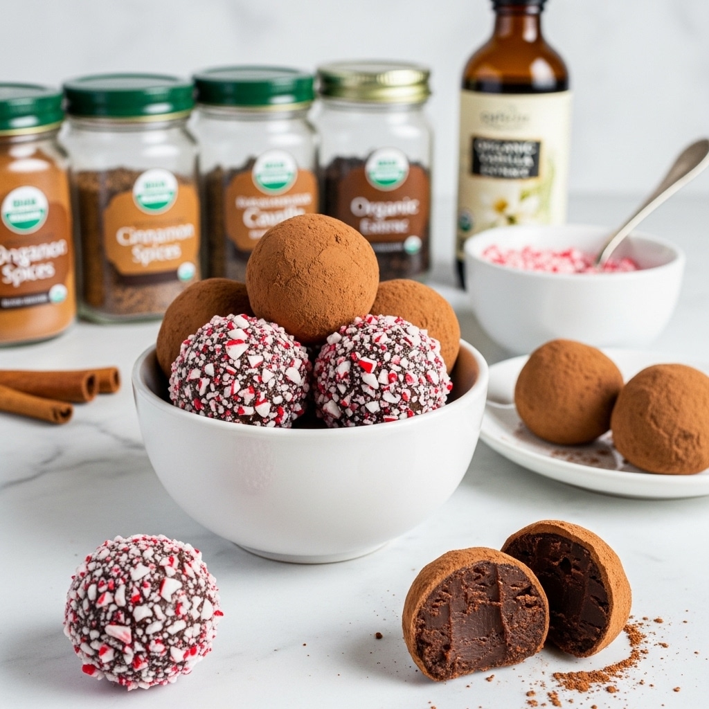 The image shows a white bowl filled with six round treats, three covered in crushed red and white peppermint pieces and three coated in brown cocoa powder, all resting on white paper inside the bowl. Outside the bowl, two treats covered in peppermint pieces lie on a white marbled surface, one of them cut open to reveal a dark chocolate inside. Behind the bowl, there is a white bowl filled with cocoa powder and two more cocoa-coated treats. There is also another white bowl in the background with crushed peppermint and a small gold spoon nearby. On the left, four glass jars of spices with green lids are lined up, each labeled with different spices like cinnamon and cloves, and on the right, there is a brown bottle labeled vanilla extract. The setup is against a soft, light-colored background, photo taken with an iphone --ar 4:5 --v 7