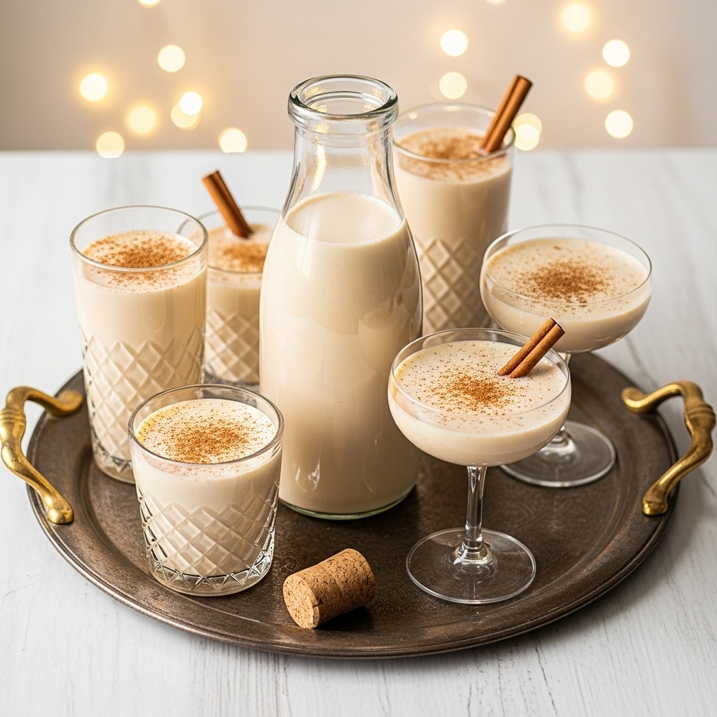 A clear glass bottle filled with creamy, light beige eggnog stands in the center on a vintage silver tray with golden handles placed on a white marbled textured surface. Surrounding the bottle are four glasses of various shapes, each filled with eggnog. Two tall glasses in the front middle have a diamond pattern and contain light beige eggnog topped with cinnamon sticks and a dusting of cinnamon powder. On the right, a coupe glass holds eggnog with two cinnamon sticks resting inside. On the left, another coupe glass is filled with eggnog sprinkled with cinnamon. Near the tray, a cork lies beside the bottle. The warm yellow glow from soft fairy lights in the blurred background creates a cozy, festive atmosphere. photo taken with an iphone --ar 4:5 --v 7