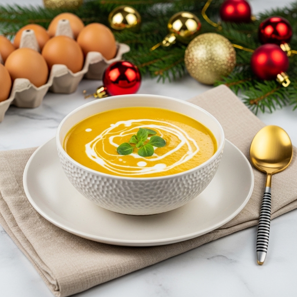 A white textured bowl filled with a golden-yellow soup with swirls of white cream and small green herb pieces floating on top, placed on a white plate. The plate rests on a beige cloth with a couple of sliced light green onions on it. Next to the plate is a gold-colored spoon with a black and white striped handle. In the background, there is a carton of eggs and shiny gold and red Christmas ornaments on a white marbled surface. photo taken with an iphone --ar 4:5 --v 7