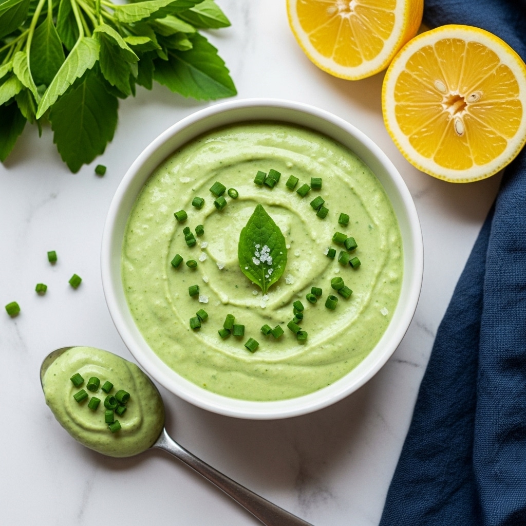 A white bowl is filled with a thick, creamy light green sauce that has a smooth texture and small green specks throughout. The sauce is topped with small chopped green herbs and a small sprig of leafy green herb in the center. Next to the bowl, a white marbled surface holds a dollop of the same sauce with some chopped green herbs on top. There is a half lemon in the background providing a pop of yellow color, and some fresh green herb leaves with scattered herbs also lie on the surface nearby. A dark blue cloth is softly blurred in the background. Photo taken with an iphone --ar 4:5 --v 7