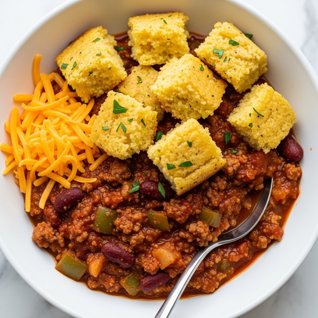 In a white bowl on a white marbled surface, there is a dish with three main layers: a thick, crumbled golden cornbread topping scattered with small green chopped chives; beneath the cornbread is a rich, chunky chili layer filled with browned ground beef, dark red kidney beans, diced green bell peppers, onions, and a thick reddish-brown sauce; on one side of the cornbread topping, there is a small pile of shredded bright yellow cheese. A spoon rests inside the bowl on the chili side. Photo taken with an iphone --ar 4:5 --v 7