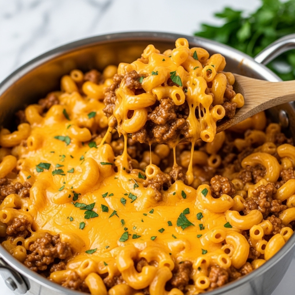 This image shows a close-up of a single-layer pasta dish in a silver pot, filled with elbow macaroni mixed with crumbled ground beef and topped with melted bright orange cheddar cheese. The cheese looks creamy and gooey, covering the pasta and meat in spots, with small green parsley flakes scattered on top for a touch of color. The dish has a thick, rich texture with a glossy shine on the cheese, and a wooden spoon lifts a scoop from the pot. The background features a white marbled texture with green parsley visible in the corner. Photo taken with an iphone --ar 4:5 --v 7