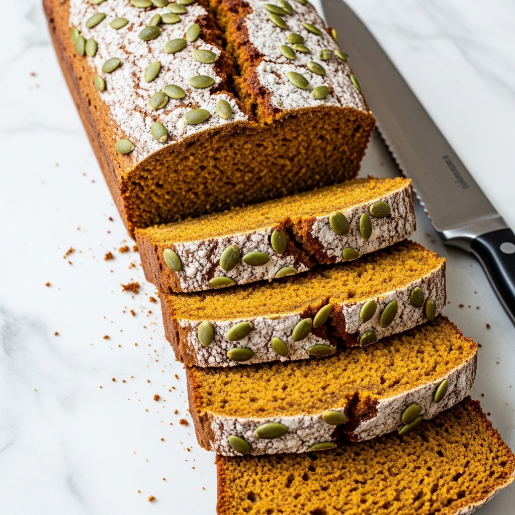 A loaf of pumpkin bread is sliced into five thick pieces, each showing a moist, dense texture with a warm brown color. The top layer of the bread has a golden-brown crust sprinkled with pale green pumpkin seeds. The bread rests on a white marbled surface next to a knife with a black handle. Photo taken with an iphone --ar 4:5 --v 7
