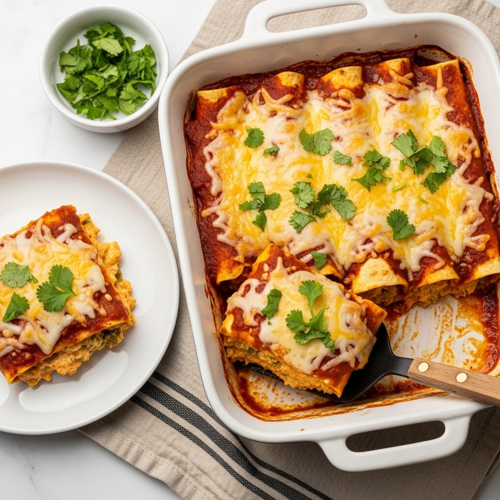 The image shows a white rectangular baking dish filled with five rolled enchiladas covered in a thick, red sauce with melted golden and white cheese on top, sprinkled with green chopped cilantro. One enchilada has been scooped out with a black spatula with a wooden handle, revealing inner layers of melted cheese and sauce inside the soft tortilla. A piece of the enchilada is placed on a white plate in the upper left corner, showing orange sauce and cheese layers. To the right of the baking dish is a small white bowl with chopped fresh green cilantro. The dish and plate are placed on a beige cloth with dark stripes, all set on a white marbled surface. Photo taken with an iphone --ar 4:5 --v 7
