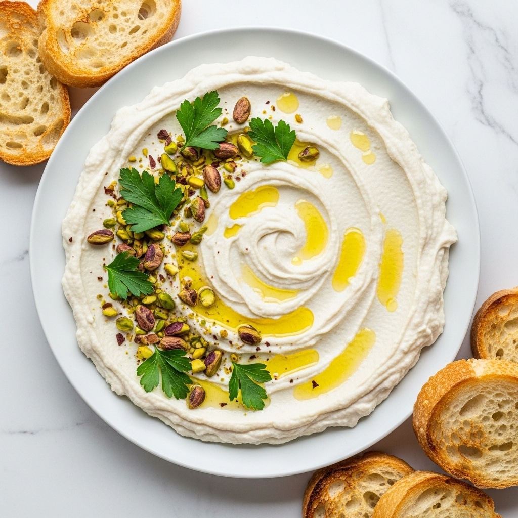 A white plate filled with a smooth, creamy white dip spread evenly with gentle swirls and a small well in the center holding a drizzle of golden olive oil. Scattered on top are chopped green parsley leaves and whole or chunked light brown pistachio nuts with some pinkish hues. Around the plate, there are slices of toasted brown bread with a crispy crust and soft inside. The plate sits on a white marbled surface. In the background, there is a small glass bowl with white cheese curds and a clear glass of water. Photo taken with an iphone --ar 4:5 --v 7