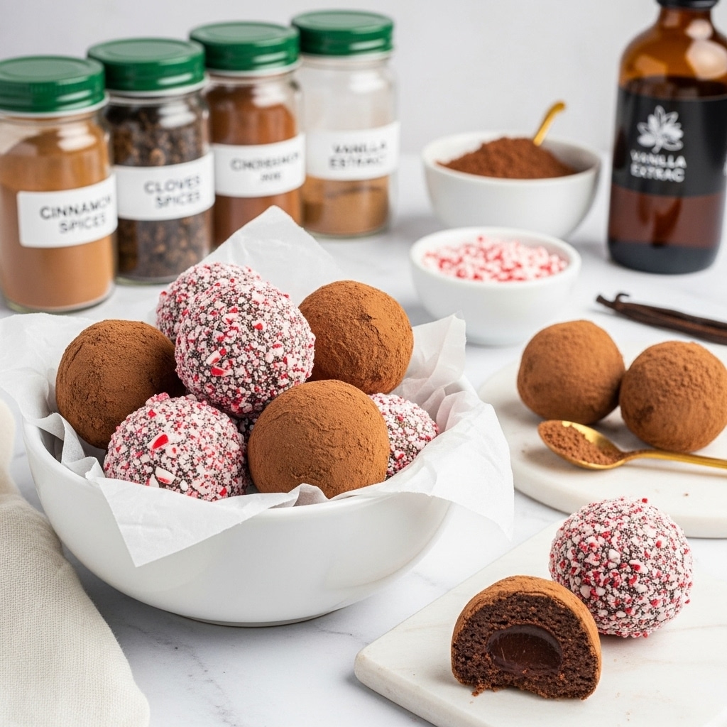 A white bowl filled with five round chocolate truffles sits in the center on a white marbled surface, three of the truffles are covered in crushed red and white peppermint pieces, showing a rough texture, while two are coated with a smooth layer of cocoa powder in light brown. In front of the bowl, two truffles lie on the surface, one fully covered with peppermint pieces and the other broken open, revealing a dense dark chocolate inside. In the background to the left, four jars of organic spices with green lids stand in a row, labeled cinnamon, and cloves. To the right, there is a white bowl holding two cocoa-dusted truffles on brown cocoa powder, along with a tall bottle of organic vanilla extract, and further back, a white bowl filled with crushed peppermint with a spoon resting inside. photo taken with an iphone --ar 4:5 --v 7