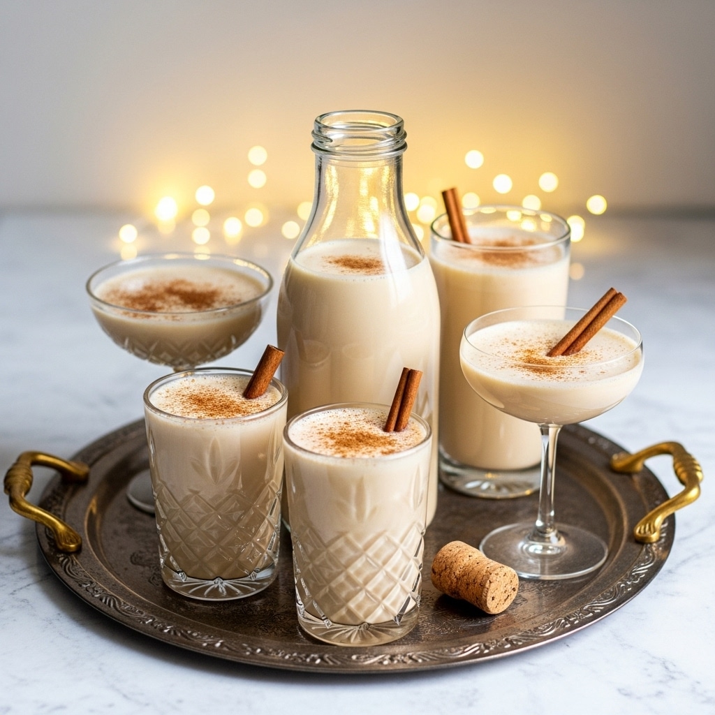 The image shows a clear, tall glass bottle filled with creamy, light beige eggnog placed at the center of a vintage silver tray with golden handles. Around the bottle, there are four glasses filled with the same creamy eggnog; two are tall with a diamond pattern and a cinnamon stick or sprinkle inside, and two are shorter coupe glasses topped with a dusting of cinnamon and garnished with two cinnamon sticks resting inside one glass. The tray sits on a white marbled wooden surface with soft golden lights blurred in the background, giving a warm, festive feeling. A cork stopper lies near the bottle on the tray, adding to the cozy scene. photo taken with an iphone --ar 4:5 --v 7