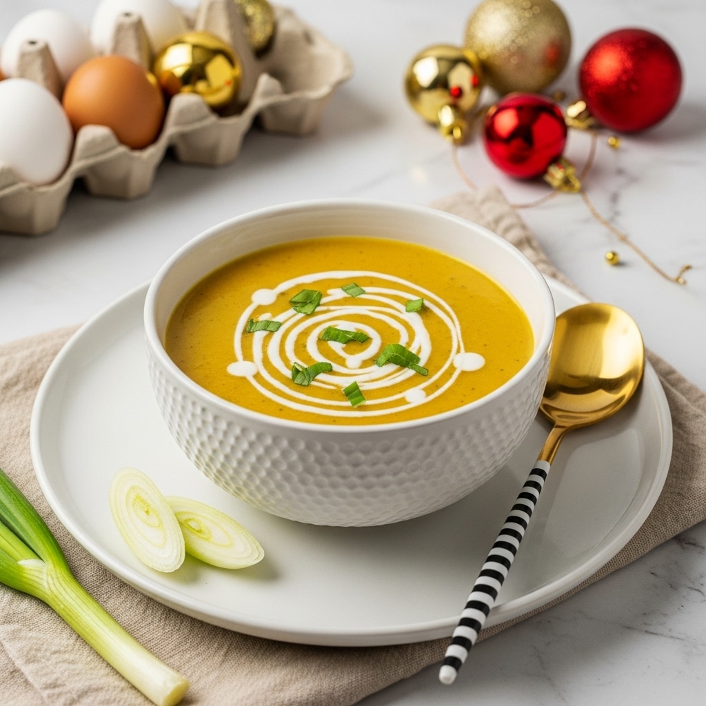 A textured white bowl sits on a white plate, filled with a warm, golden-yellow soup that has creamy white swirls gently floating through it. Small green herb leaves garnish the top center of the soup, adding a pop of fresh color. The bowl is placed on a beige cloth folded casually on a white marbled surface. To the right of the plate lies a gold spoon with a striped black and silver handle. In the background, a carton of brown eggs, shiny gold and red Christmas ornaments, and evergreen branches create a cozy, festive atmosphere. photo taken with an iphone --ar 4:5 --v 7