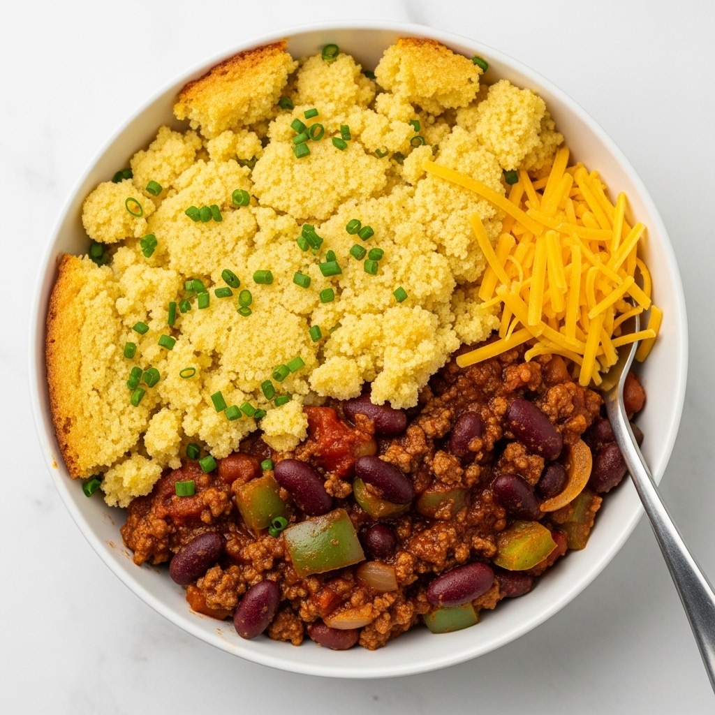 A white bowl holds a layered dish with a base of thick, chunky chili rich in reddish-brown color, filled with ground meat, kidney beans, and bits of green bell peppers and onions. On top of the chili are uneven chunks of golden-yellow cornbread with a crumbly texture, sprinkled with small green herb pieces. To one side, there is a small pile of shredded orange cheddar cheese. A shiny metal spoon rests inside the bowl, partly submerged in the chili. The bowl sits on a surface with a white marbled texture. Photo taken with an iphone --ar 4:5 --v 7
