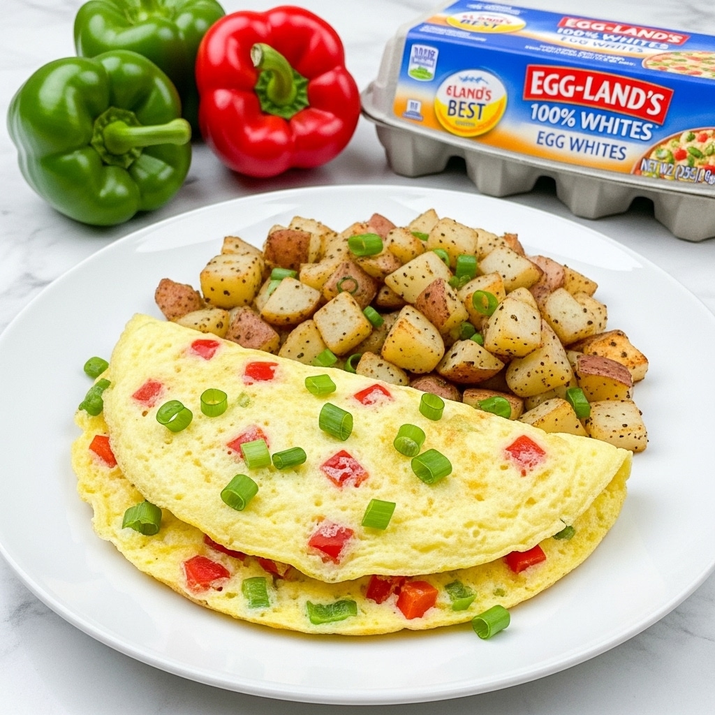 A white plate holds a breakfast dish with two layers: on the left side, a fluffy, cooked egg white omelette mixed with small red and green pepper pieces and topped with chopped green onions, showing a soft, creamy texture with colorful bits inside; on the right side, a generous heap of golden-brown, cubed, crispy roasted potatoes seasoned with black pepper and sprinkled with green onion slices, adding a rough texture and a crunchy look. In the background, a carton of 100% egg whites is placed next to a green bell pepper and a red bell pepper on a white marbled surface. photo taken with an iphone --ar 4:5 --v 7