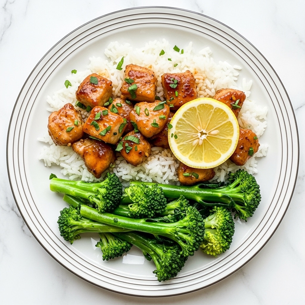 The image shows a white plate with two black rings on its rim, set on a white marbled surface. On the plate, there is a neat mound of white rice at the center. Surrounding and placed on top of the rice are golden-brown chunks of crispy chicken coated in a shiny sauce. A bright yellow lemon slice with small green onion pieces sits on top of the rice and chicken, adding a pop of fresh color. To one side of the plate, there is a portion of vibrant green steamed broccoli with a slightly rough texture. Chopped green onions are sprinkled on top of the chicken and rice for garnish. Photo taken with an iphone --ar 4:5 --v 7